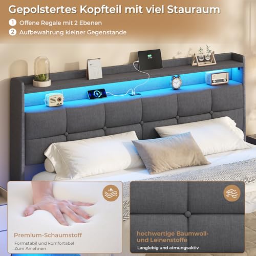 AOGLLATI Polsterbett 140x200 cm, Doppelbettgestell, Bettrahmen mit LED-Beleuchtung und Ladestation, Bettgestell mit Kopfteil, Bett Schwebebettrahmen, Metallbett, Leinen, Dunkelgrau (ohne Matratze)