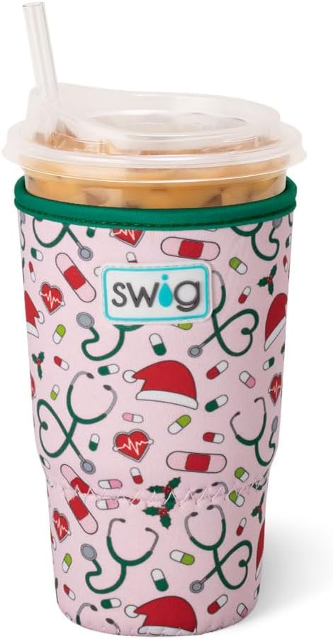Swig Life Large Iced Coffee Cup Coolie with Handle, Santa's Scrubs