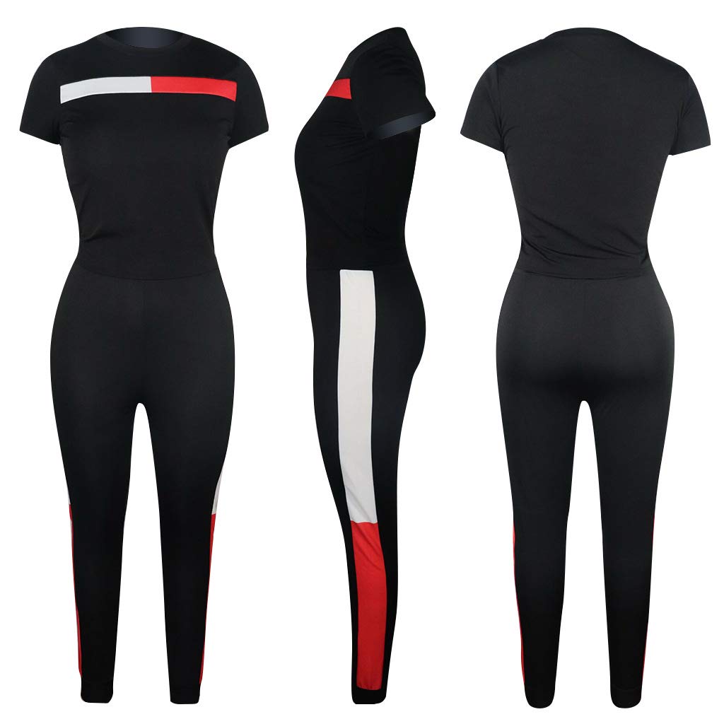Kombinezon damski na lato moda dwuczęściowa koszulka + ubrania 7/8 fitness sport jogging spodnie joga casual basic, Czarny, XXL