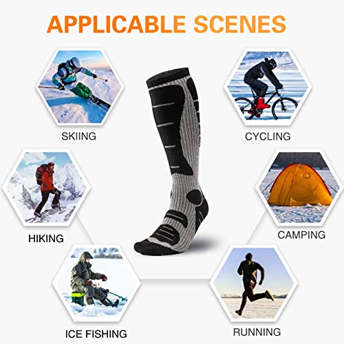Merino Wool Ski Socks 2 Pairs Mens Womens Over The Calf Thermal Socks For Snowboarding Hiking Skiing (2*Black) #TOP3