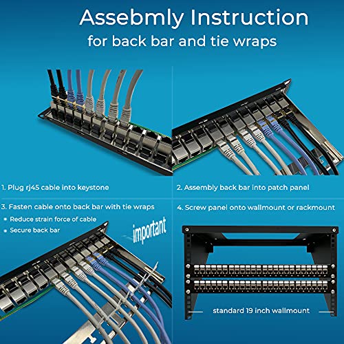 Rapink Patch Panel 24 Port Cat6A with Inline Keystone 10G Support, Coupler Patch Panel STP Shielded 19-Inch with Removable Back Bar, 1U Network Patch Panel for Cat7, Cat6, Cat6A, Cat5e