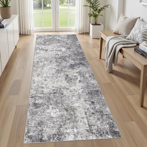 3X8 Washable Runner Rug for Hallway: Soft Neutral Modern Abstract Area Rug - Non-Slip Low Pile Long Throw Indoor Carpet for Kitchen Entryway Kitchen Bedroom Laundry Bathroom - Grey