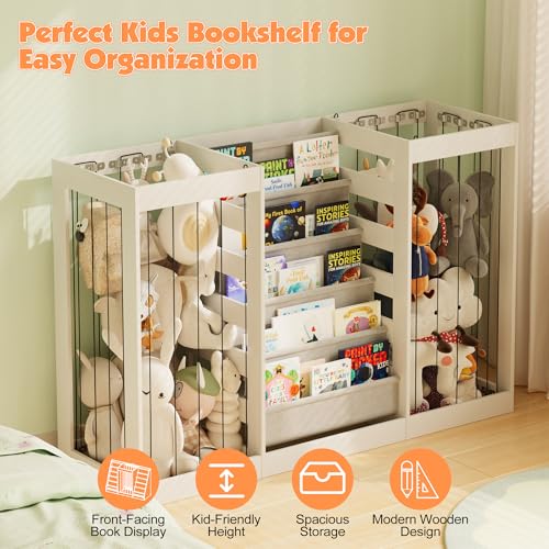 Image of NACHES Montessori Kids Bookshelf with Enclosed Toy Storage, Dual Mesh Bins for Stuffed Animals, Front-Facing Book Organizer for Toddlers Playroom Bedroom (White)