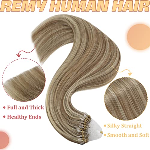 YoungSee Micro Ring Hair Extensions Brown 16inch Micro Bead Hair Extensions Light Brown with Blonde Highlight Micro Loop Human Hair Extensions for Long Lasting Cold Fusion 50g Silky 50s - Image 4