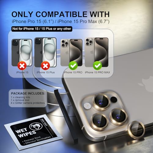 Image of Choiche Compatible for iPhone 15 Pro /iPhone 15 Pro Max Camera Lens Protector, 9H Tempered Glass Camera Cover Screen Protector Metal Ring Decoration Accessories (Gold)