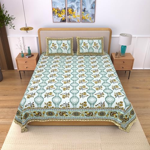 Image of India 100% Pure Cotton Jaipuri Printed Double Bedsheet with 2 Pillow Covers | Traditional Sanganeri Floral Design | Soft Breathable Fabric | King Size Bedsheet for Bedroom (Kaya52)