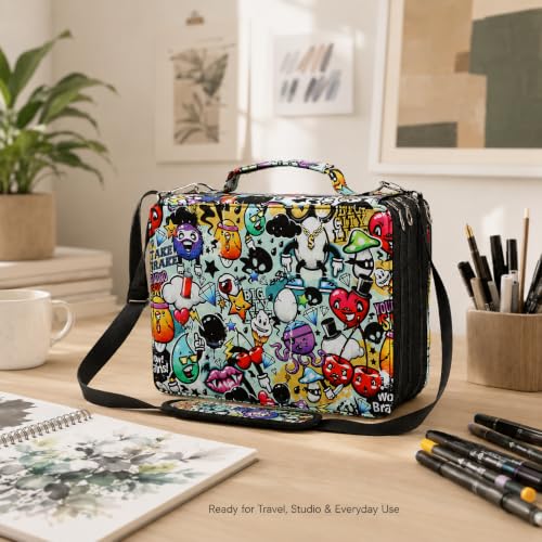 Image of 224-Slot Marker Organizer Bag, 4-Layer Case with Strap | 224-slot 4-layer marker bag in twill Oxford fabric with handle, detachable strap, smooth zipper for studio and outdoor use.