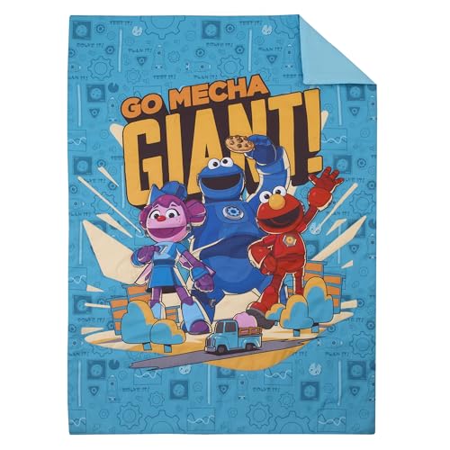 Image of NoJo Sesame Street Mecha Builders Blue, Red, and Gold, with Cookie Monster, Elmo and Abby 4 Piece Toddler Bed Set - Comforter, Fitted Bottom Sheet, Flat Top Sheet, and Reversible Pillowcase