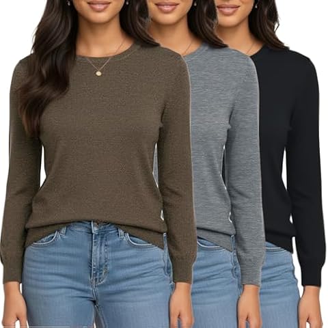 Siimcuzy 3 Pack Women's Sweaters Long Sleeve Lightweight Crewneck Loose Fit Knit Pullover Top Fall Trendy Outfits Sweater 1 Black 1 Coffee 1 Heather Grey Medium Cover