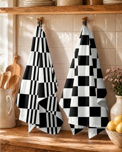 Image of Miss Adola 2 Pack Flour Sack Kitchen Towels - 16x26 Inch Black and White Cotton Dish Towels with Hanging Loop Reusable Modern Tea Towel Absorbent Dishcloths Home Decor, Checkered