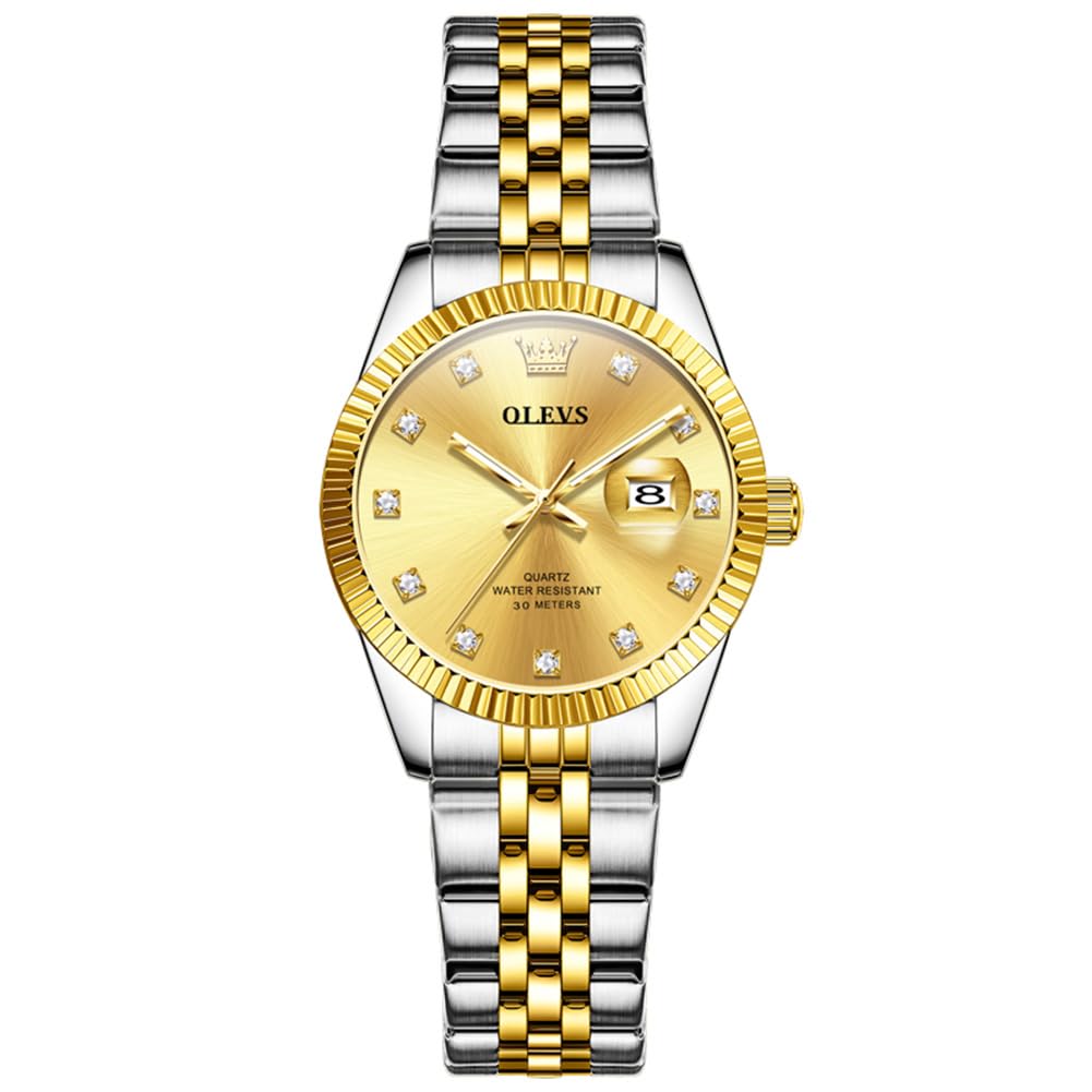 OLEVS Damen Armbanduhr Analog Quarz Wasserdicht Klassische Damenuhr Sliber Edelstahlarmband mit Datum Diamant Schlankes Design Geeignet für schmale Handgelenke