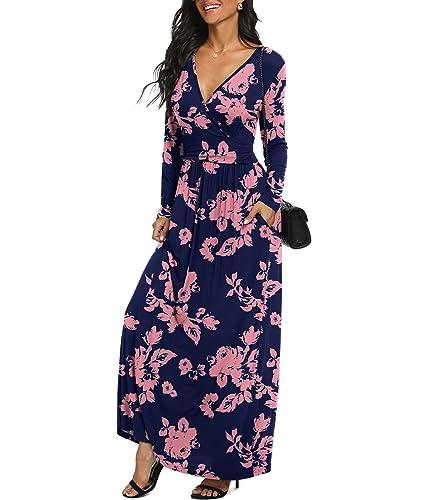 Image of LILBETTER Women Long Sleeve Deep V Neck Loose Plain Long Maxi Casual Dress