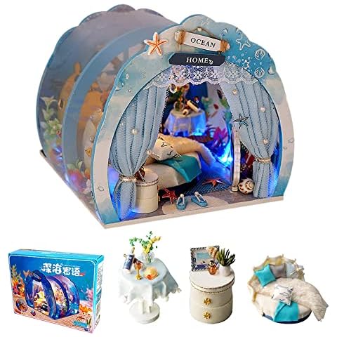 erhumama Ocean Tunnel Dollhouse With Furniture LED Light Kit DIY Miniature Wooden Dolls House Romantic Art Hand Craft Kid Christmas Birthday Gift Cover
