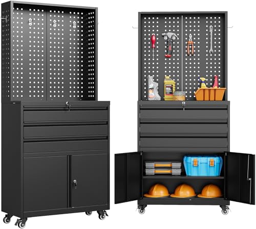 SISESOL Metal Storage Cabinet with Wheels and Drawers,Rolling Garage Storage Cabinet with Lock,Black Metal Tool Cabinet with Hooks,Tall Storage Cabinet on Wheels for Garage,Home,Office,Shop
