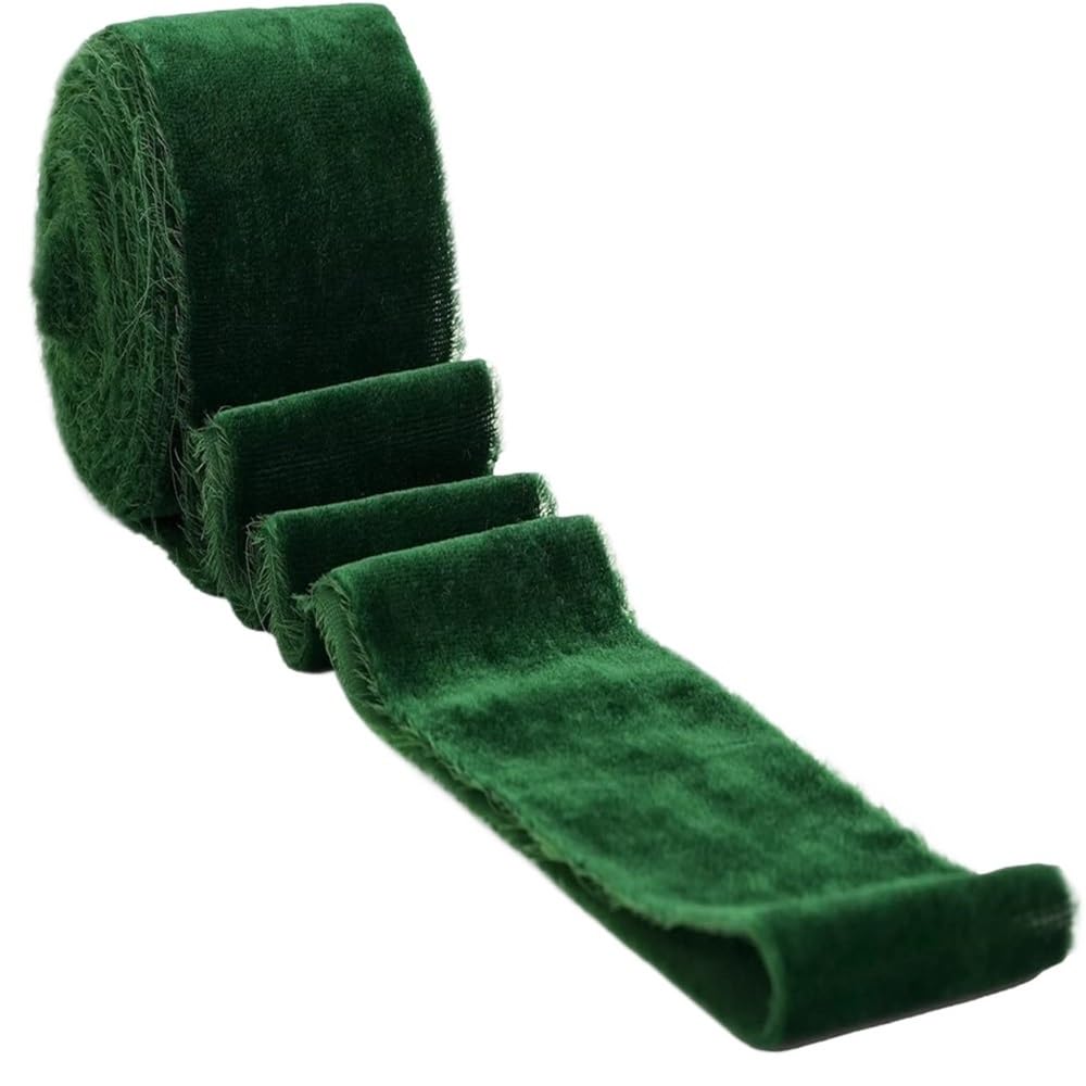 WEITINGKKK Ribbons for Gift Wrapping, 1.5 Yards/Roll Frayed Velvet Ribbon 4cm, Hand Torn Multicolor with Raw Edge, Silk(Dark Green)