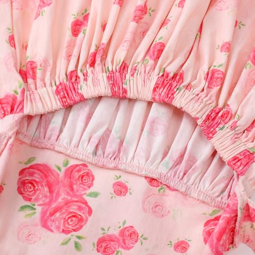 Image of Girls Floral Dress Square Neck Ruffle Sleeve Bow Back Twirl Cotton Dress