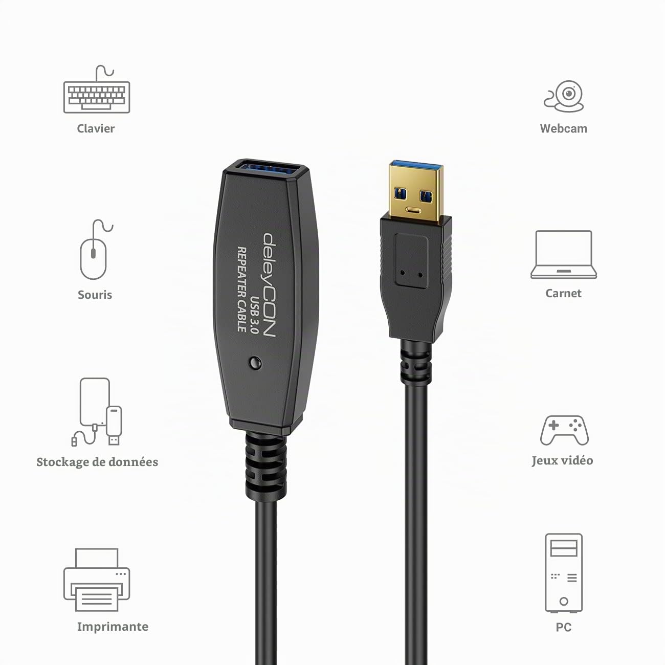 deleyCON 15m Câble USB 3.0 Actif Extension avec 2 Amplificateur de Signal et Alimentation Câble Répéteur USB3.0 Câble d'Extension PC Ordinateur Imprimante Scanner