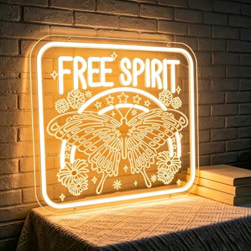 Image of Free Spirit Neon Sign for Wall Decor Positive Light Up Sign Inspiration Butterfly Led Signs for Room Party Home Motivational Wall Decor USB Powered