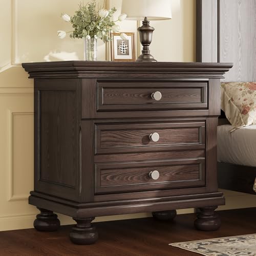 AMERLIFE Solid Wood 3 Piece Bedroom Set Including 65.2\" High King Bed Frame, Fully Assembled Nightstands Set of 2 with 2 Storage Drawers for Bedroom, Dark Brown