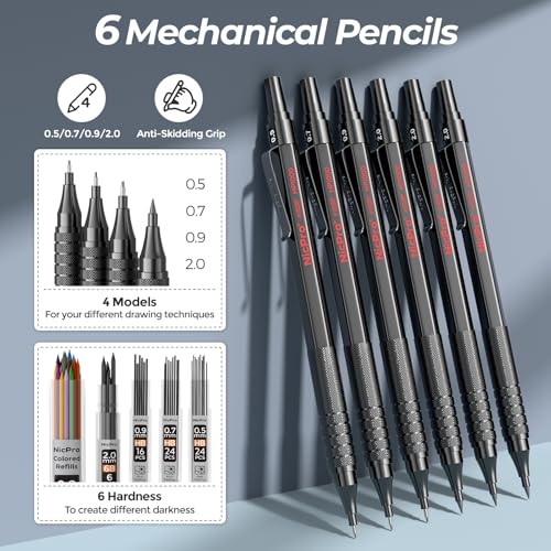 Image of Nicpro 58 Piece Drawing Set in Leather Case, MP1000 Mechanical Pencil Set Black Metal with Drawing Pencil 0.5, 0.7, 0.9 and 2 mm, 12 Micron Pen, Sketchbook, 30 Leads for Sketching