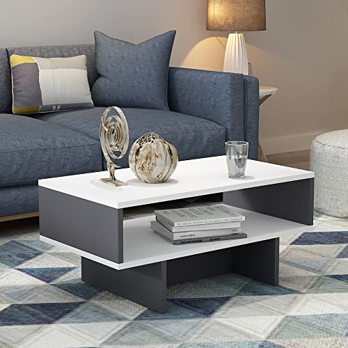 [en.casa] Mesa de Centro Mesa Auxiliar Rectangular Mesa Baja Estable con Estante para Salón Aglomerado 37 x 80 x 45 cm Blanco/Antracita