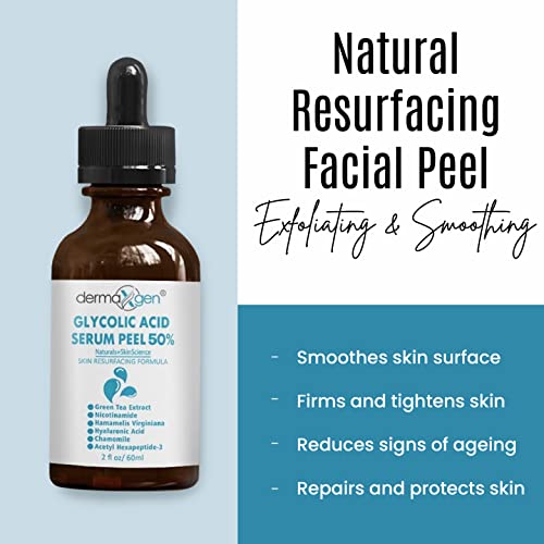 Dermaxgen Glycolic Acid 50% Professional Grade Resurfacing Serum Pure Organic Chamomile + Green Tea Extracts + Hyaluronic Acid For Wrinkles, Fine Lines, Smooth & Fade Scars, Hyperpigmentation - 2 Fl Oz #TOP2