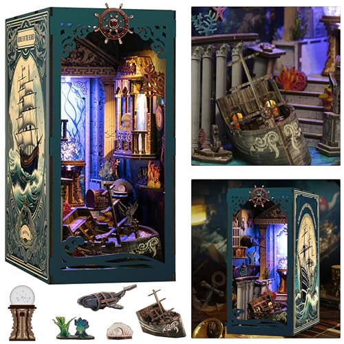 Rompecabezas de madera 3D ISSEVE: kit de rincón de libros en miniatura con luz LED