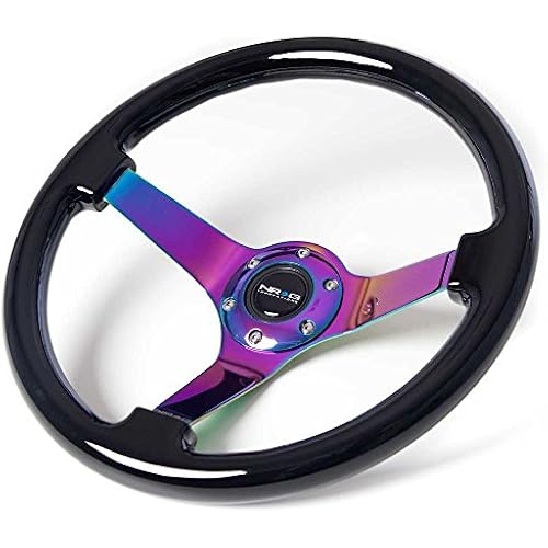 NRG Innovations ST-036BK-MC Classic Black Wood Grain Wheel (3" Deep, 350mm, 3 Solid spoke center in Neochrome)
