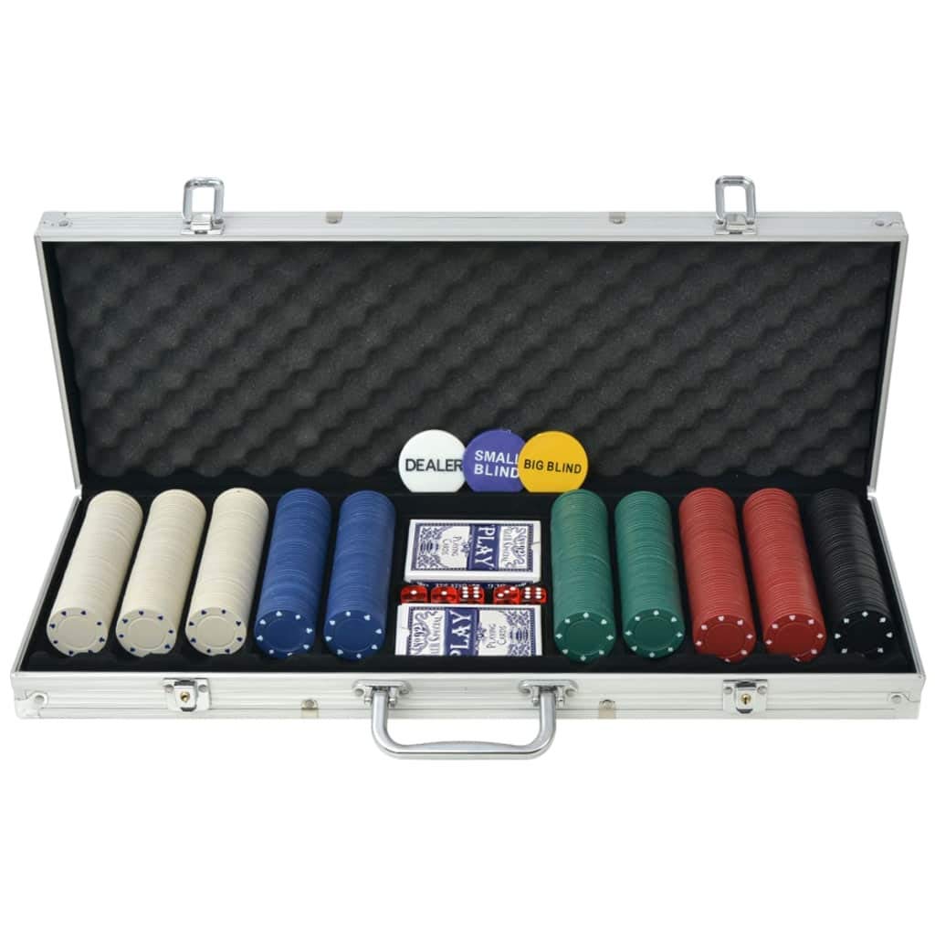 Set de Poker Profesional para Juegos con Amigos - Incluye 5 Dados de Casino, 2 Barajas, Botones de Ciega y 500 Fichas en Maletín de Aluminio