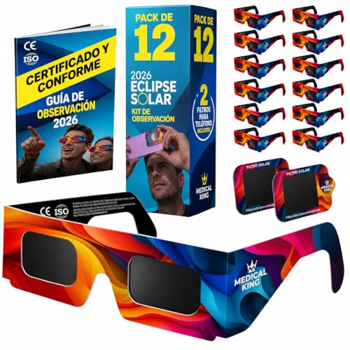 12 Gafas Eclipse Solar Homologadas ISO 12312-2 - Paquete de 12 Con 2 Lentes Fotográficos Para Smartphone Aprobados según la norma ISO, con certificación CE: Gafas para ver eclipses solar 2026