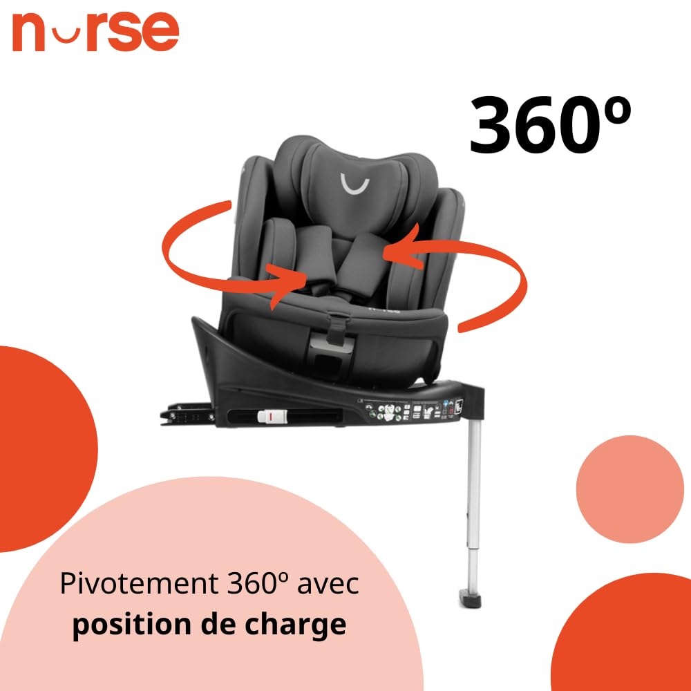 Nurse Titane Siège Auto i-Size 40–150 cm, Pivotant 360º, ISOFIX et Jambe de Support, Dos à la Route et Face à la Route, Protection Latérale, Gris