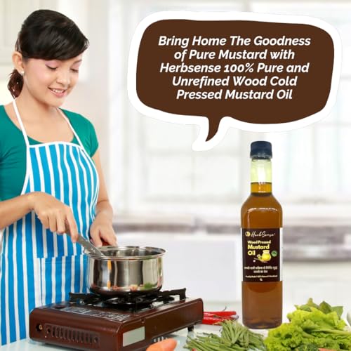 Image of Herbsense Wood Cold Pressed Mustard Oil,Sarso Ka tel- Unrefined & Unfiltered -Zero Added Preservatives & Chemicals,Kachi Ghani /Marachekku Oil,Pure Healthy Cooking Oil,Hair Oil, 1L Pack of 2