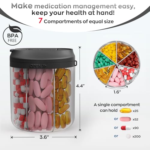 Image of Hionxmga Pill Dispenser with 7 Large Compartments, Pill Bottle Organizer for Travel, Supplement Organizer with Anti-Mixing Design, Pill Container with 20 Pcs Labels, Black 2Pcs