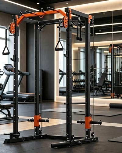 Image of Power Cage, Power Rack with Cable Crossover System, 2000LBS Squat Rack with LAT Pull Down System, Workout Cage with Pulley System for Fitness Home Gym Strength Training (Red&Black)