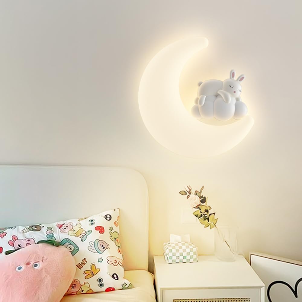 Applique da parete a forma di luna, per cameretta dei bambini, con cavo, a forma di coniglio e orso, a forma di animale, luce notturna per cameretta dei bambini, lampada da parete moderna nordica per