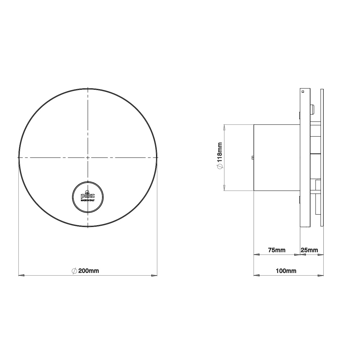 plikc - Aspiratore WIFI da parete ad aspirazione assiale serie Ario W con sensore di Umidità e Timer - 100% MADE IN ITALY + Griglia da muro (Foro Ø 118, Bianco)
