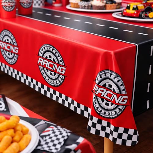 Image of Blue Orchards Car Racing Table Cover (Pack of 3) 108 inch x 54 inch - Race Car Birthday Party Decorations, Immersive Birthday Party Decor, Accent and Backdrop, Gift Wrap, Multi Purpose Party Accent