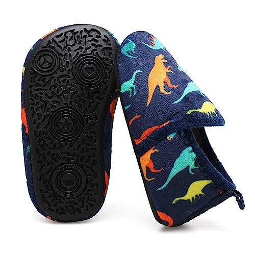 Xihalook Toddler Boys Girls Soft Fleece Slippers Slip On Socks First Walkers Winter Ankle Crib Shoes Navy Dinosaur, 8.5-9 Toddler #TOP4