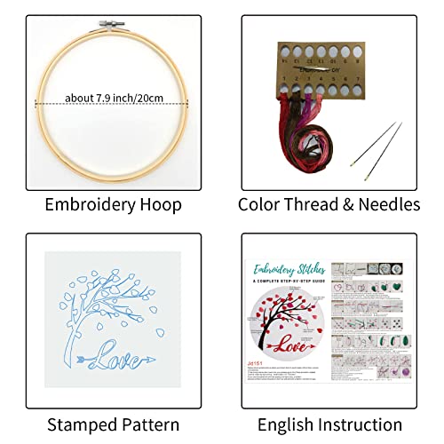 Image of Louise Maelys Love Heart Tree Embroidery Kit for Adults, Romantic DIY Craft | Needlepoint Kit with Pre-Printed Fabric, Hoop, Threads, Needles and Guide. Craft Kits for Adults with Love Design