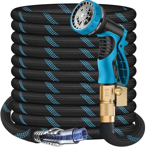 75 ft Heavy Duty No-Expandable Garden Hose - Super Flexible Leader Water Hose with 10 Pattern Spray Nozzle,Hybrid Rubber Hose Car Wash Pipe,3/4'' Solid Brass Conne