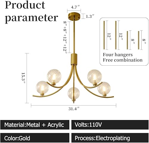 Miniatura 3 de Candelabro moderno dorado con 5 bombillas de globo de cristal, altura ajustable y temperatura de color, poste de lámpara dorado, iluminación