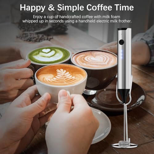 Image of Rechargeable Milk Frother with Stand, Electric Frother Wand Handheld Coffee Foam Maker Detachable Stainless Steel Whisk Drink Mixer Foamer for Latte, Cappuccino, Hot Chocolate, Egg (Silver)
