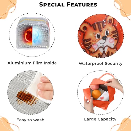 Image of Kraptick Compact & Stylish Design Printed Tiffin Bag for Children Insulated Lunch Bag for Kids Perfect Leakproof Keeps Hot and Cold Lunch Bag for School (Orange Tiger)