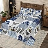 feelingyou Bauernhaus Plaid Quilt Bettwäsche Set M Größe,Milch Kuh Huhn Schwein Rustikale Scheune Bettwäsche Abdeckung für Mädchen Teens,Blaues Gitter Check Abstrakte Weiche Polyester Quilt Set