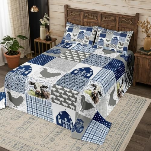 feelingyou Bauernhaus Plaid Quilt Bettwäsche Set M Größe,Milch Kuh Huhn Schwein Rustikale Scheune Bettwäsche Abdeckung für Mädchen Teens,Blaues Gitter Check Abstrakte Weiche Polyester Quilt Set