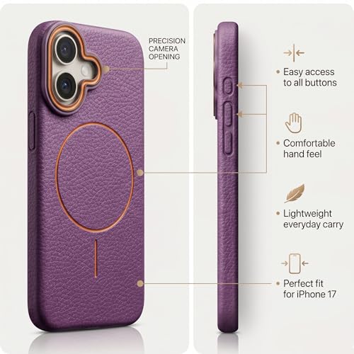 Image of amazon basics Luxury MagSafe Compatible Leather Texture Back Cover for iPhone 16 | Raised Camera Protection | Slim Fit Shockproof Case with Metallic Accents (Purple)