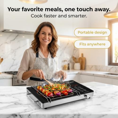 Image of AKKAYA Infrared Cooktop 2200W Electric Stove Without Gas - Infrared Electric Cooktop for All Cookware, Feather Touch Digital Controls with Digital Display, BBQ Grill Rack, Auto Shut-Off