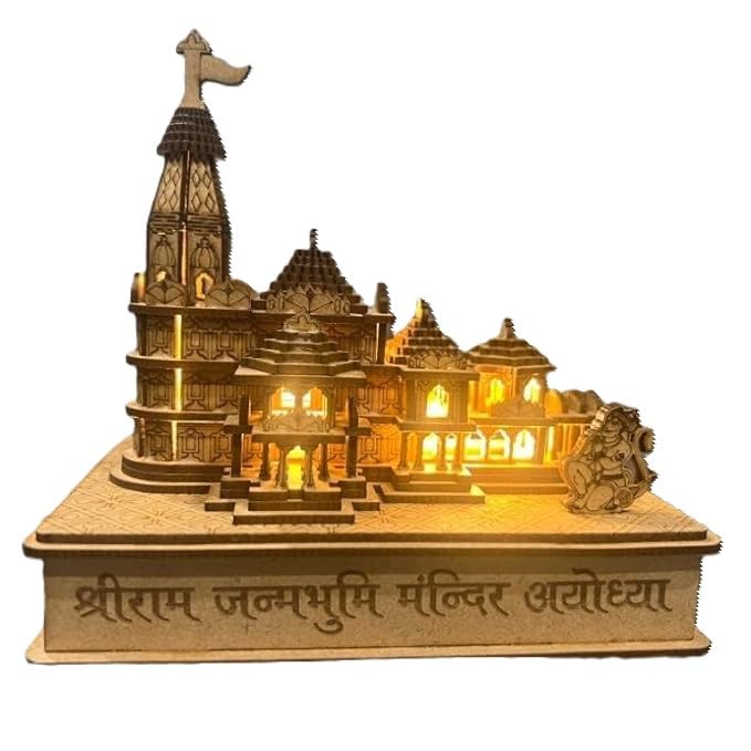 TEM Ram Mandir Ayodhya Illuminated Model – 3D Wooden MDF Craft with Power Adapter, Intricate Architecture and Sturdy Gift Box Perfect for Home Temple, Decor, and Spiritual Gifting.