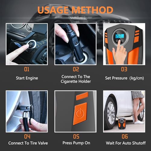 Image of Air Compressor Tire Inflator Portable 12V DC Digital Electric Car Air Pump 150 PSI, Preset Tire Pressure Auto Shutoff for Sedan SUV Tyres, Bicycles, Other Inflatables Orange