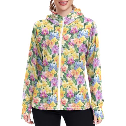 Women's Sun Protection Lightweight Hoodie Jacket Zip Up Jackets for Women UPF 50+ Clothing for Hiking Golf Cycling M Orchid Flowers